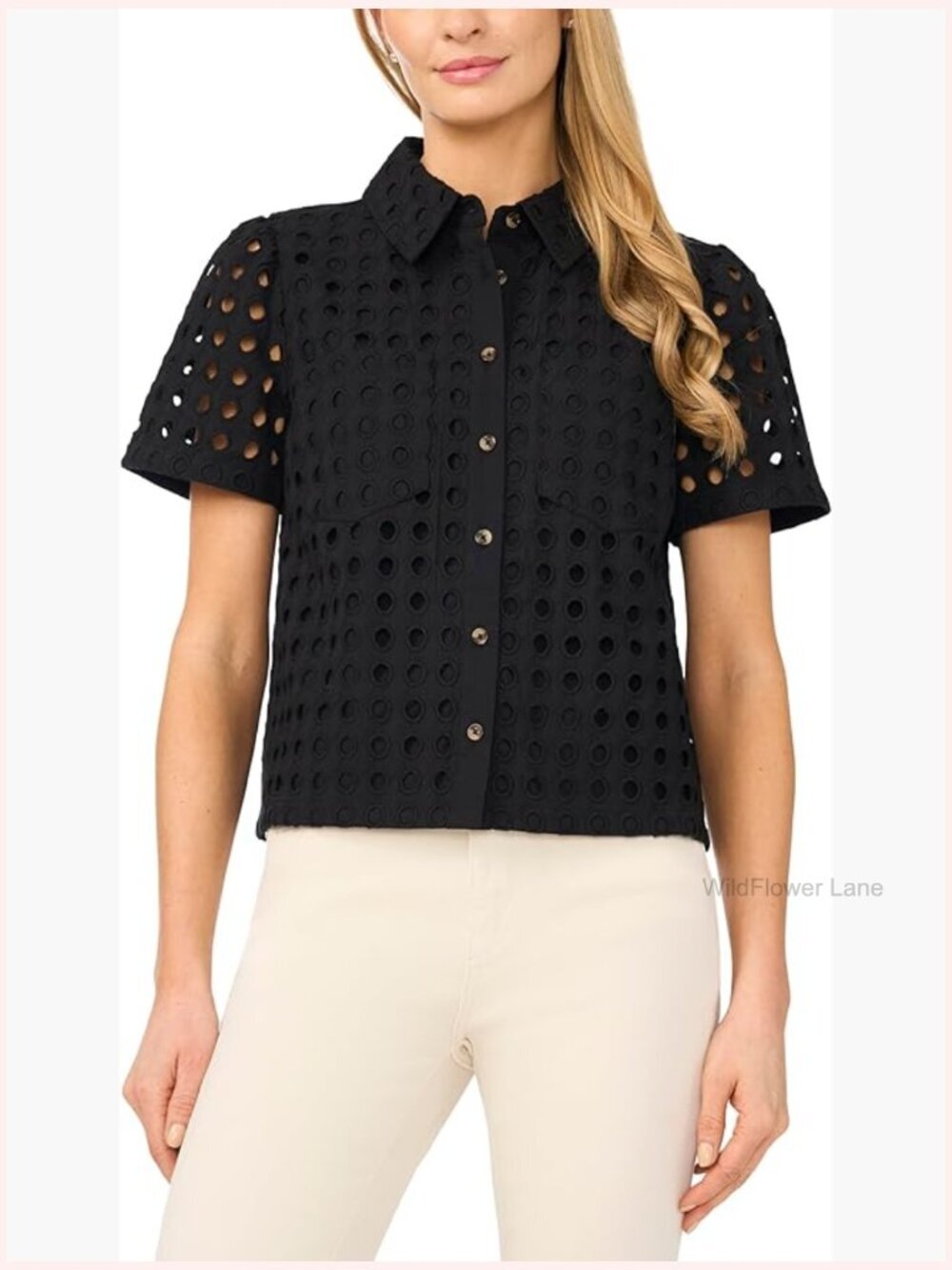 Short Sleeve Eyelet Button Down Top - Cotton, Regular Fit